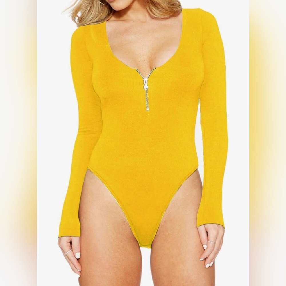 Gold Mustard Yellow Off the Shoulder Long Sleeve zip-up Bodysuit stretch zipper